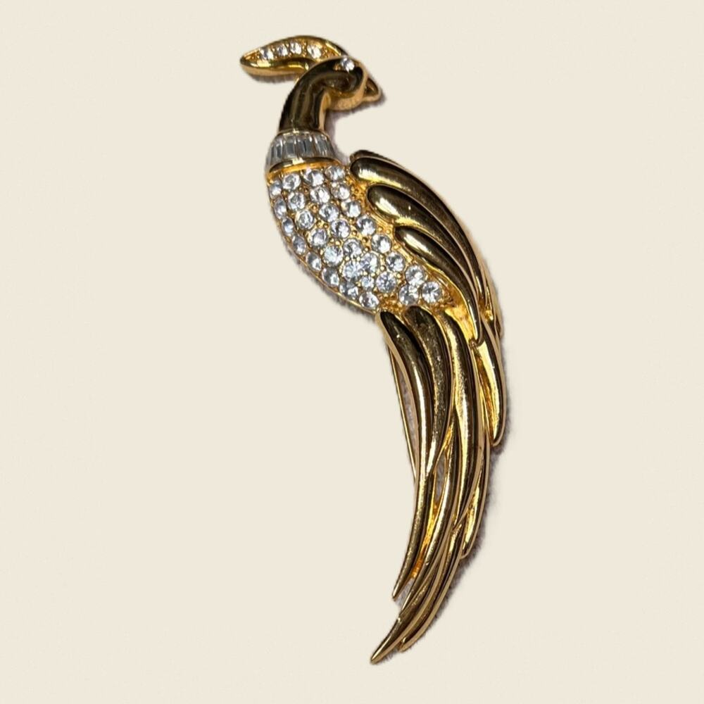 Monet Bird of Paradise Brooch Gold Tone Rhinestone Pavé 1980s